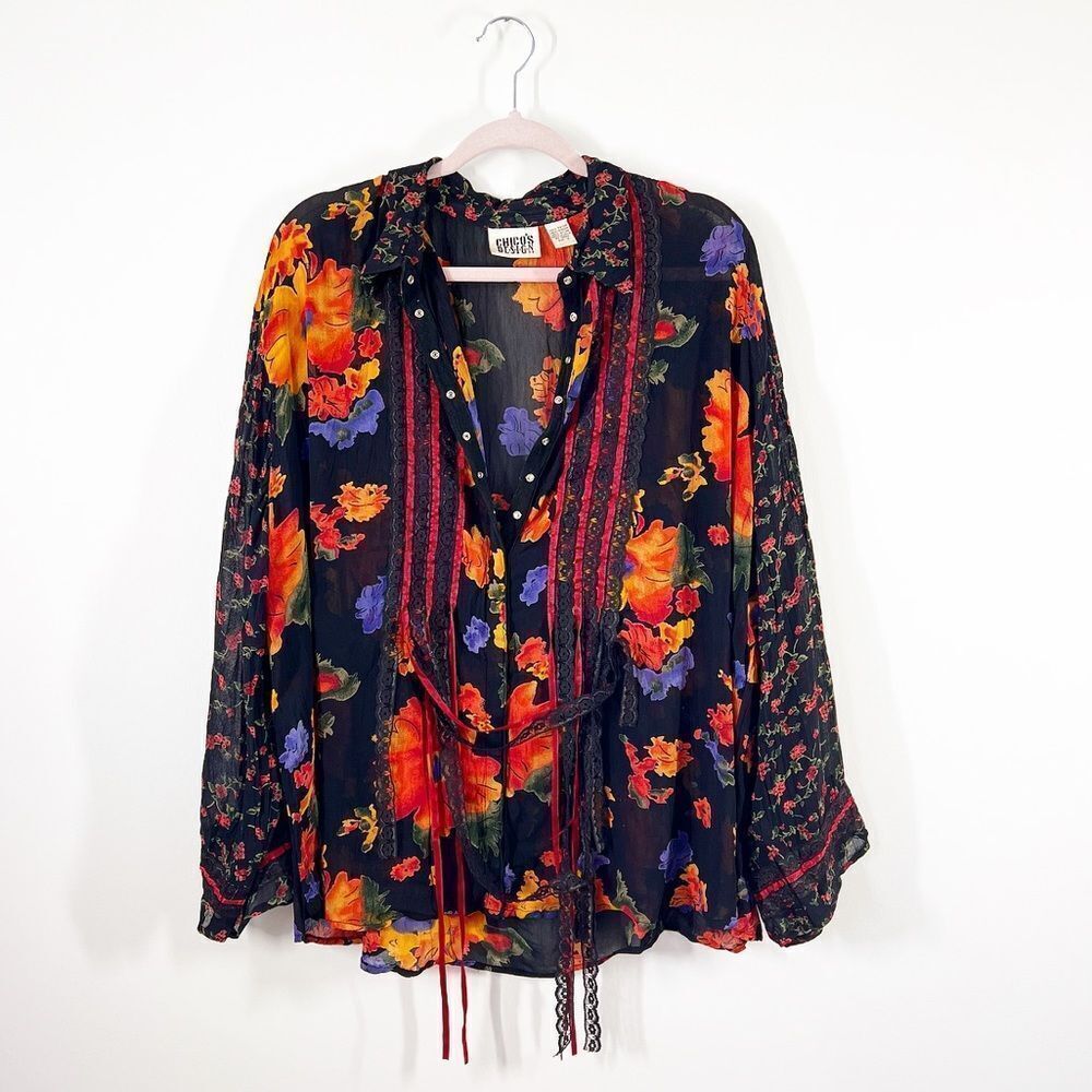 Chicos mixed media‎ art to wear floral abstract funky blouse